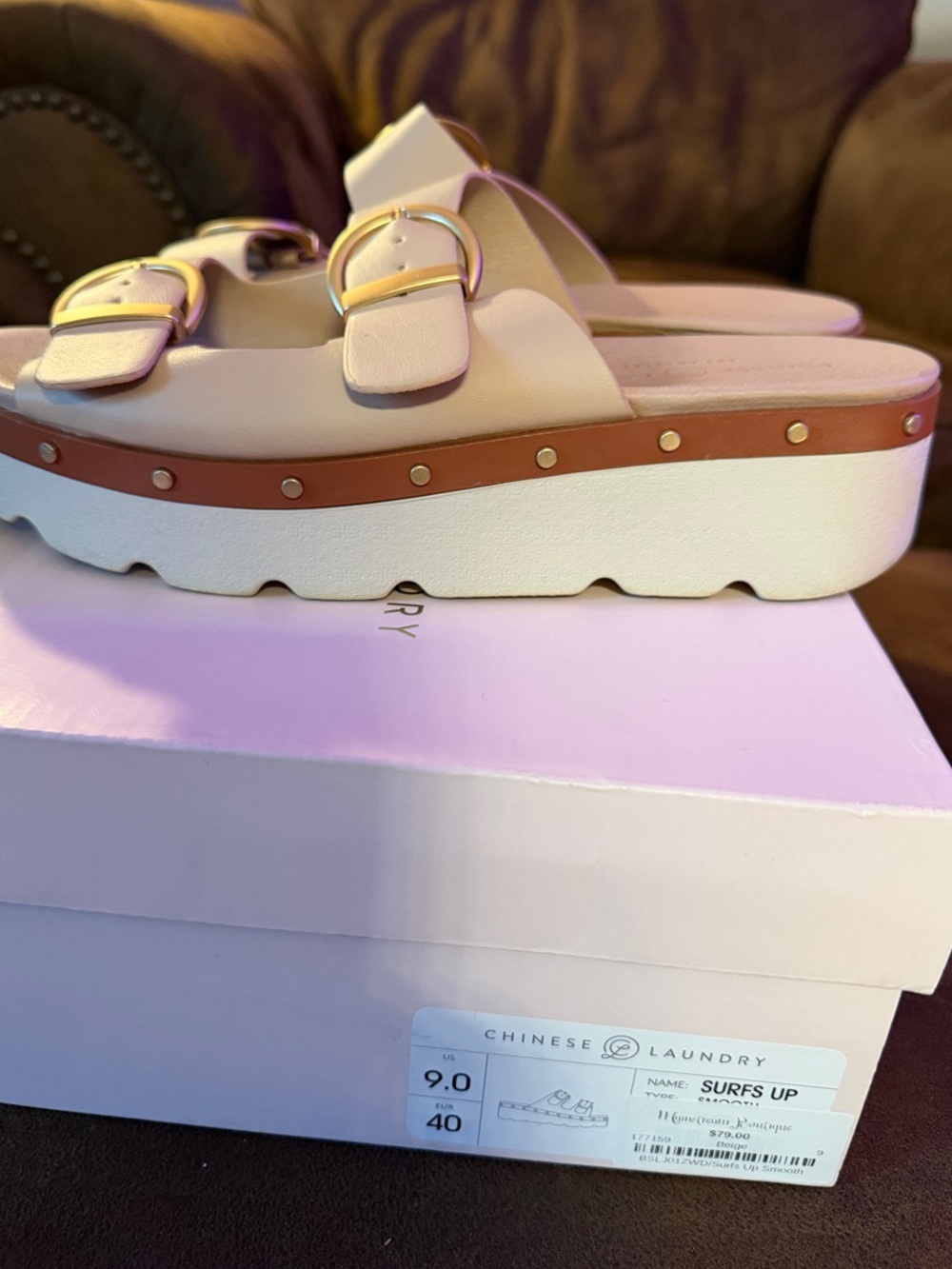 Chinese Laundry Surfs Up Beige Platform Slide Sandals